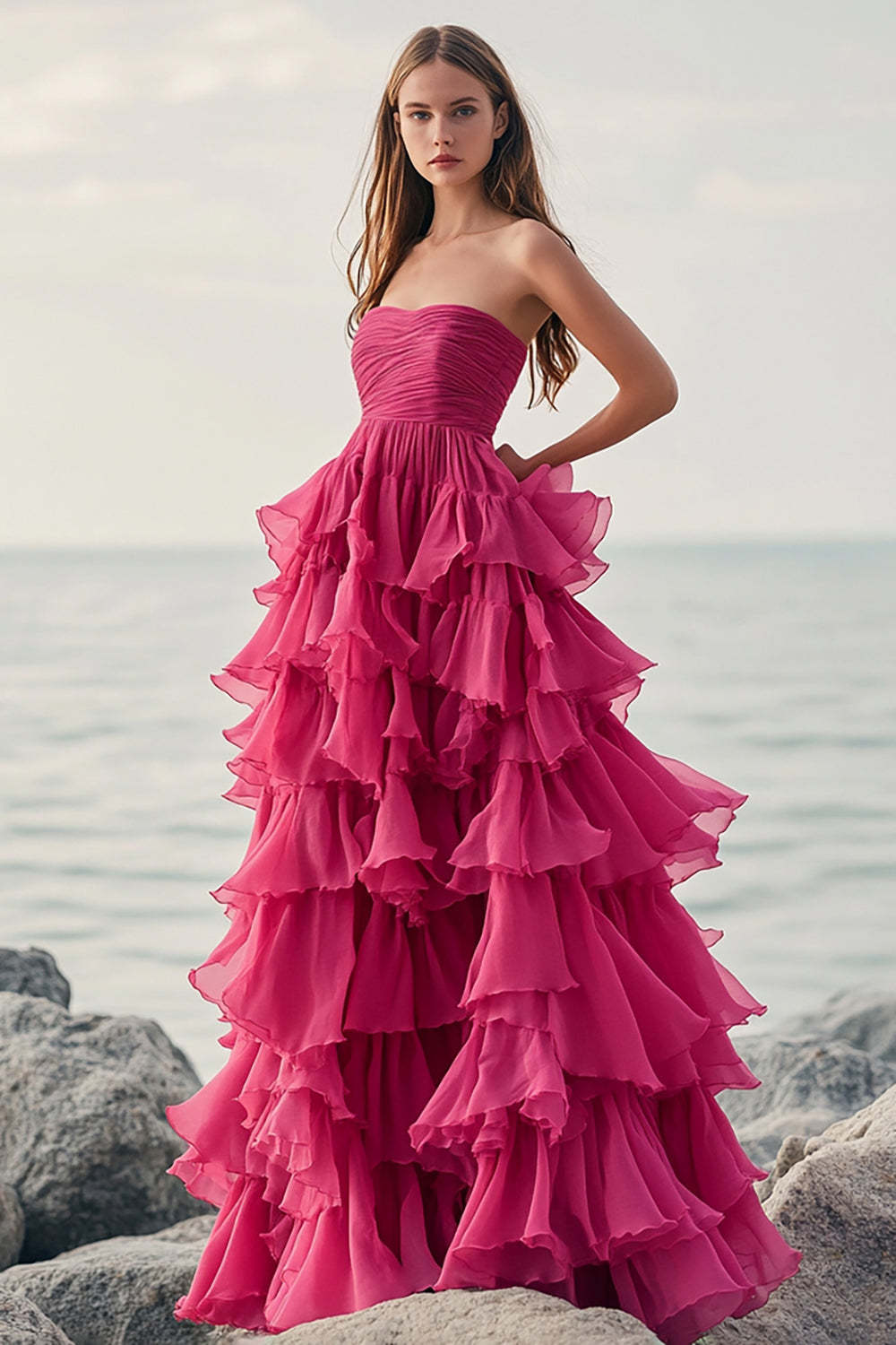 Fuchsia Wedding Guest Dress Chiffon Strapless Long Ball Gown Evening Dress With Ruffles