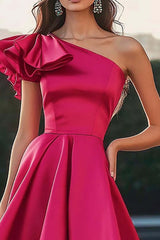 Fuchsia Wedding Guest Dress Satin One Shoulder High-Low Ruffled A Line Evening Dress