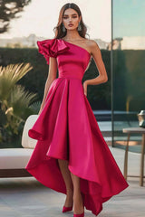 Fuchsia Wedding Guest Dress Satin One Shoulder High-Low Ruffled A Line Evening Dress