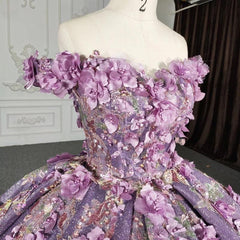 Glamorous & Luxury Ball Gown Off Shoulder Flowers Lace Appliques Beaded Purple Tulle Quinceanera Dress Princess Birthday Party Gown For Sweet 16
