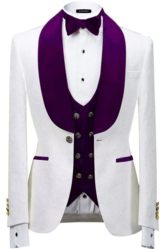 Glamorous Purple Shawl Lapel 3 Piece Jacquard Wedding Suit