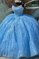 Glamorous & Sparkly Ball Gown Boat Neck Sleeveless Lace Up Sweep Train Beaded Pleated Sequins Lace Appliques Sky Blue Tulle Quinceanera Dress Formal Birthday Party Gown For Sweet 16