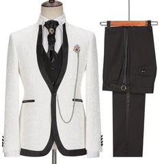 Glamorous White Jacquard Shawl Lapel 3 Piece Wedding Suit