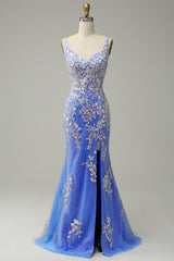 Glitter Blue Mermaid Lace Long Prom Dress with Slit