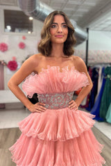 Glitter Blush A Line Beaded Long Tulle Tiered Prom Dress with Ruffles