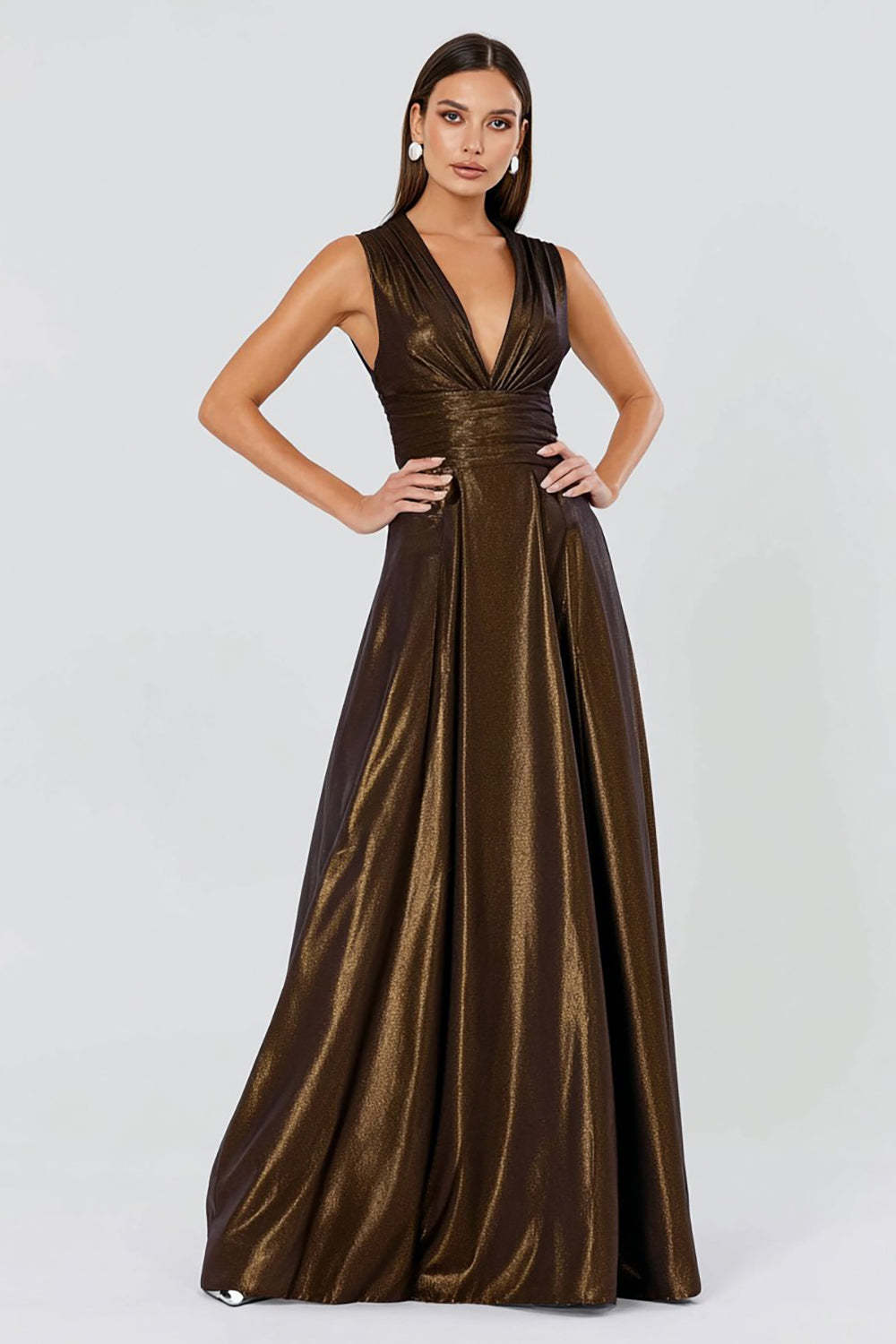 Glitter Brown A-Line Deep V-Neck Pleated Long Prom Dress