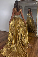 Glitter Golden A Line Beaded Metallic Long Prom Dress with Slit