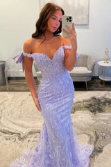 Glitter Lavender Off-The-Shoulder Mermaid Prom Dress With Sequined Lace Formal Evening Gown