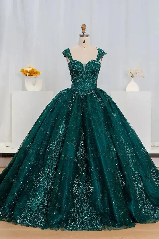 Glitter Sequins Prom Dress Princess Long Green Elegant Backless Sweet 16 Party Dress