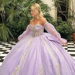 Glitter & Sparkly Ball Gown Strapless Long Sleeves Lace Appliques Beaded Bow Knot Lilac Tulle Princess Evening Party Gown Quinceanera Dress For Sweet 16