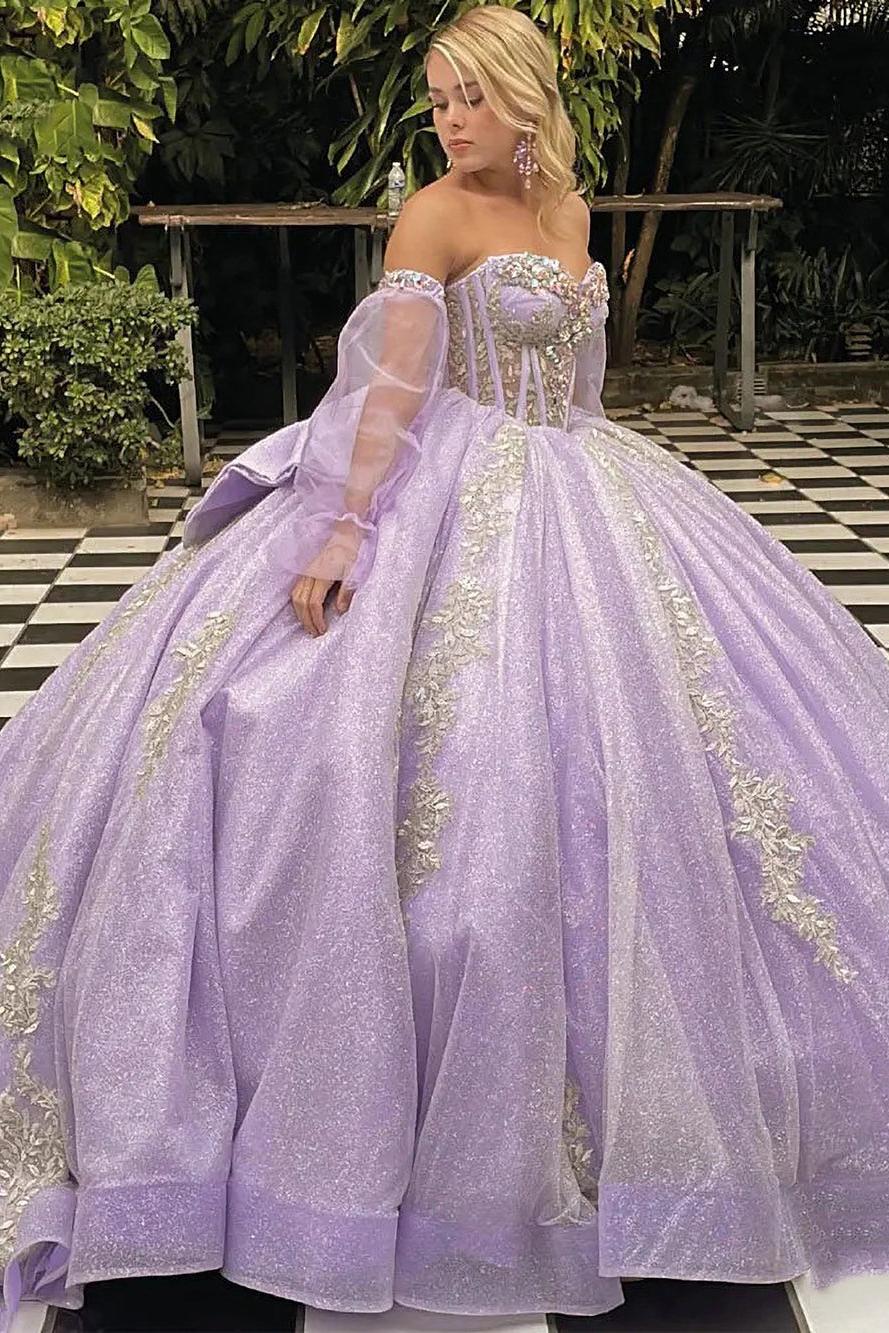 Glitter & Sparkly Ball Gown Strapless Long Sleeves Lace Appliques Beaded Bow Knot Lilac Tulle Princess Evening Party Gown Quinceanera Dress For Sweet 16