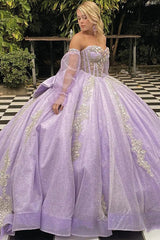 Glitter & Sparkly Ball Gown Strapless Long Sleeves Lace Appliques Beaded Bow Knot Lilac Tulle Princess Evening Party Gown Quinceanera Dress For Sweet 16
