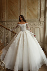 Glitter Tulle Ball Gown Wedding Dress with Beaded Lace Sleeves