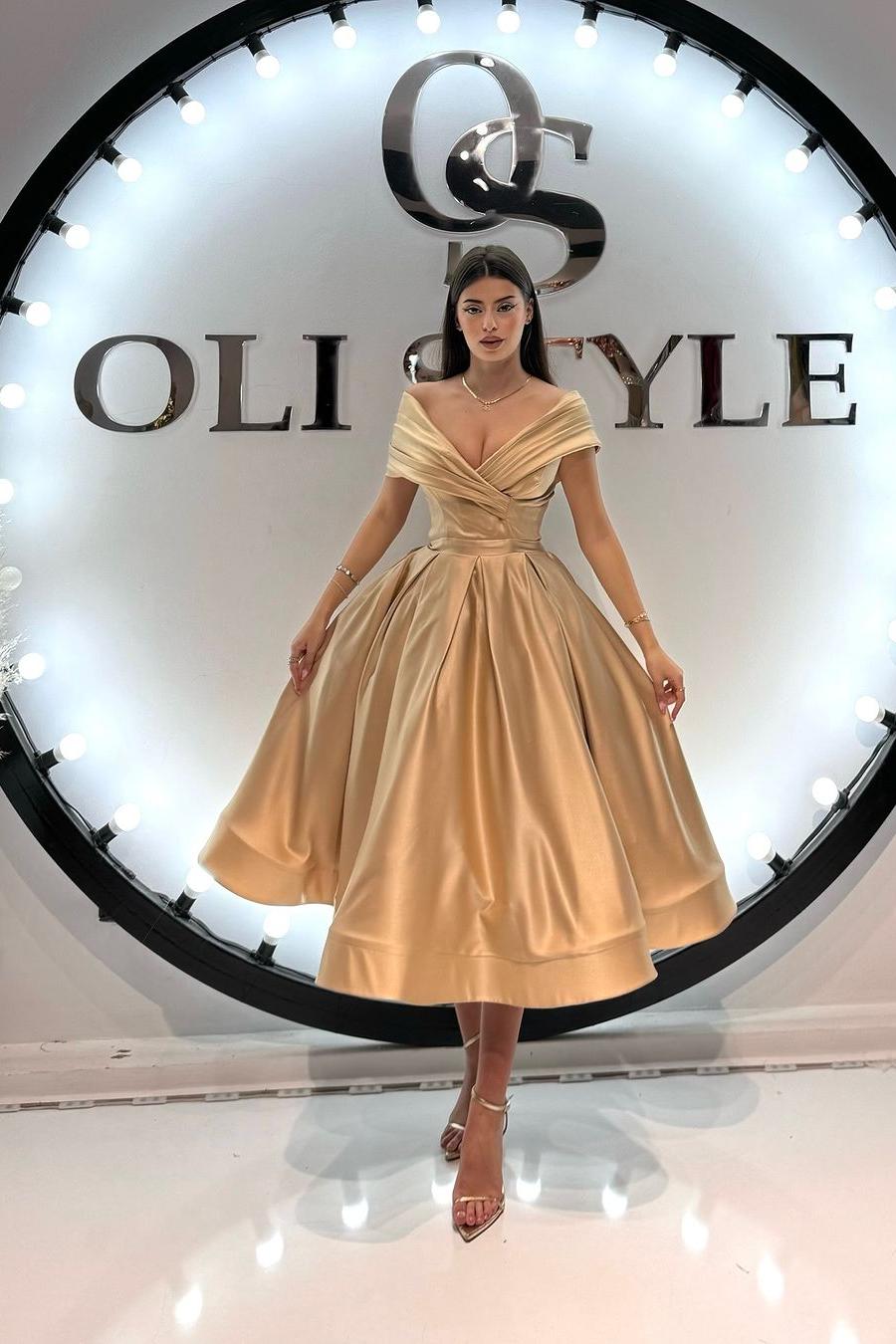 Gold A Line Prom Dress Off the Shoulder Satin Tea Length Evening Dress