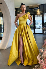 Gold A Line Prom Dress Sleeveless One Shoulder Satin Evening Dress