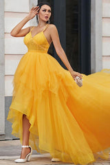 Gold A Line Prom Dress Sleeveless Spaghetti Straps High Low Evening Dress