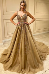 Gold Beaded Tulle A Line Wedding Dress with Spaghetti Straps and Open Back