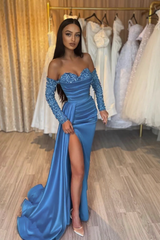 Champagne Evening Dress Off the Shoulder Long Sleeves Sequin Satin Prom Dress
