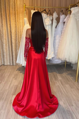 Champagne Evening Dress Off the Shoulder Long Sleeves Sequin Satin Prom Dress