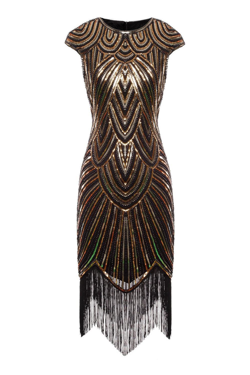 Gold Gatsby Glitter Cape Sleeves Fringe 1920s Dress