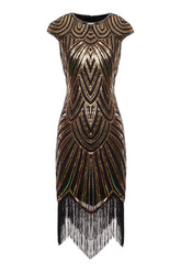 Gold Gatsby Glitter Cape Sleeves Fringe 1920s Dress