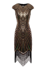 Gold Gatsby Glitter Cape Sleeves Fringe 1920s Dress