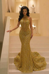 Gold Halter Neck Prom Dress Beaded Mermaid Evening Dress with Sweep Train