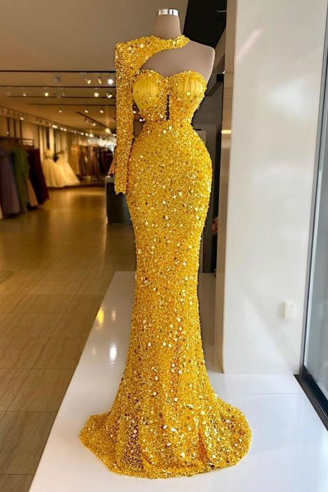 Gold Mermaid Prom Dress Long Sleeve Sequined One Shoulder Evening Dress