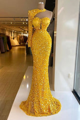 Gold Mermaid Prom Dress Long Sleeve Sequined One Shoulder Evening Dress