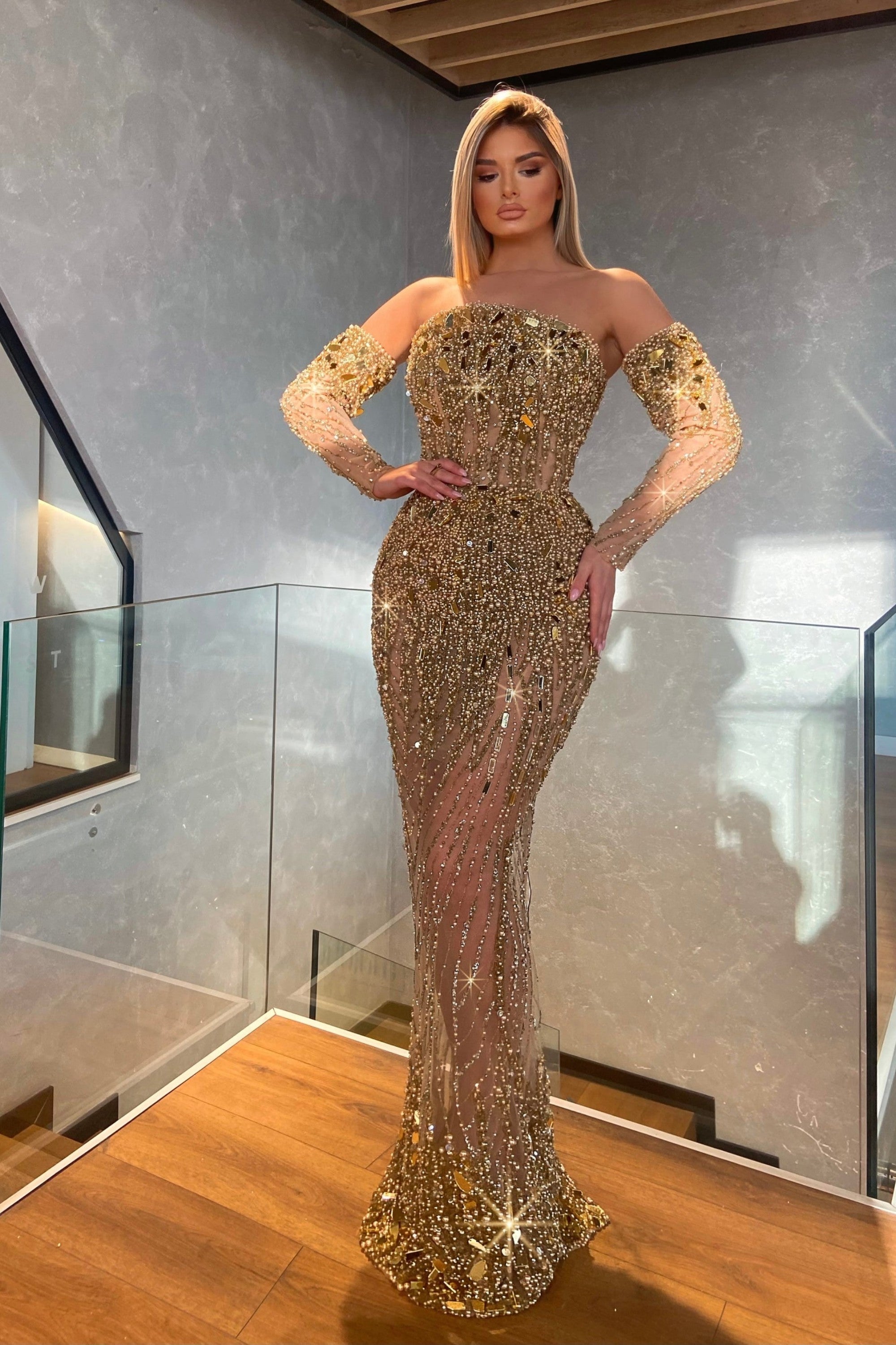 Gold Mermaid Prom Dress Long Sleeve Strapless Beaded Evening Dress