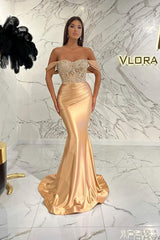 Gold Mermaid Prom Dress Off the Shoulder Evening Dress With Lace Appliques