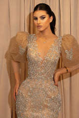 Gold Mermaid Prom Dress Puff Long Sleeve Evening Dress With Lace Appliques