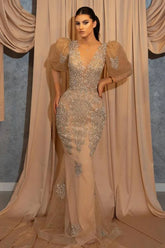 Gold Mermaid Prom Dress Puff Long Sleeve Evening Dress With Lace Appliques