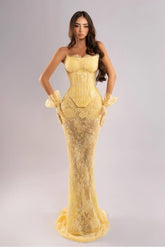 Gold Mermaid Prom Dress Sleeveless Strapless Evening Dress With Lace Appliques