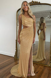 Gold One-Shoulder Sequin Mermaid Prom Dress With Architectural Cutout Formal Evening Gown