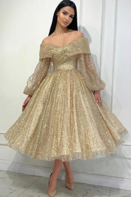 Gold Wedding Guest Dress A Line Off The Shoulder Sequined Formal Dress With Sleeves