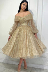 Gold Wedding Guest Dress A Line Off The Shoulder Sequined Formal Dress With Sleeves