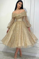 Gold Wedding Guest Dress A Line Off The Shoulder Sequined Formal Dress With Sleeves