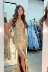 Gold Prom Dress Beaded Mermaid Formal Dress With Slit