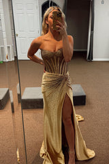 Gold Prom Dress Mermaid Corset Beaded Long Evening Dress With Slit