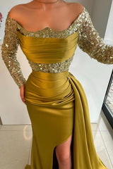 Gold Prom Dress Mermaid Strapless Off The Shoulder Sequined Sleeves Panel Train Satin Formal Dress