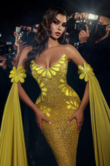 Gold Prom Dress Mermaid Strapless Sleeveless Sequined Floor Length Tulle Formal Dress