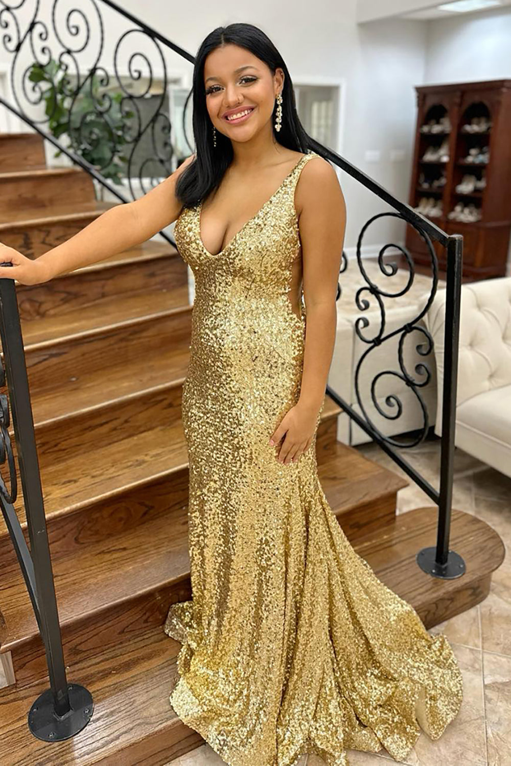 Gold Prom Dress Mermaid V-Neck Long Evening Dress