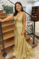Gold Prom Dress Mermaid V-Neck Long Evening Dress