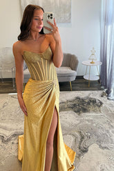 Gold Prom Dress Sheath Corset Beaded Long Formal Dress With Slit