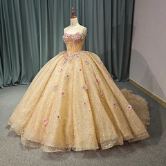 Gold Quinceanera Dress Ball Gown Shining Applique Strapless Sweet 16 Party Dress