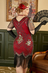 Gold Red Fringe 1920s Short Sleeve V-Neck Flapper Dress