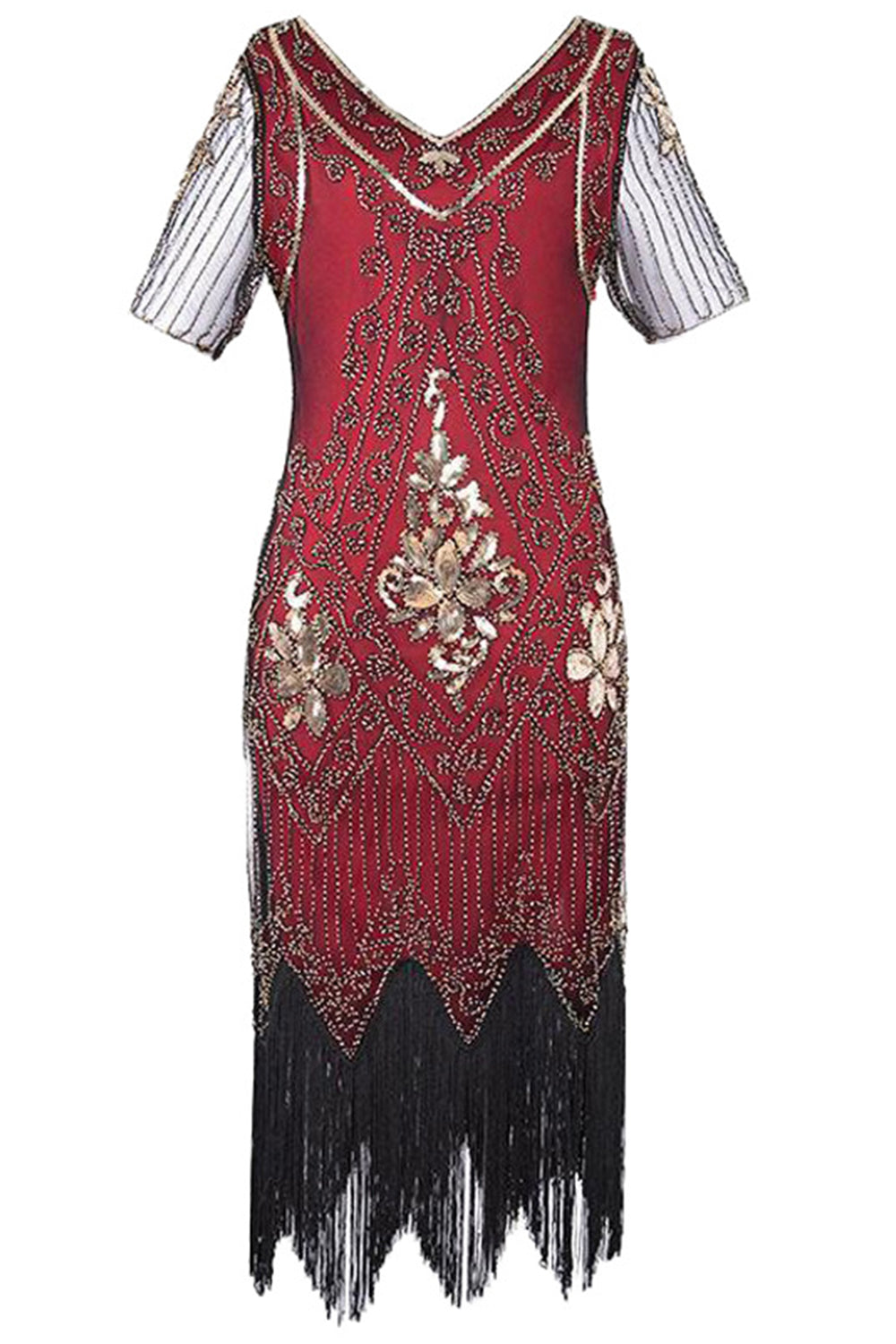 Gold Red Fringe 1920s Short Sleeve V-Neck Flapper Dress