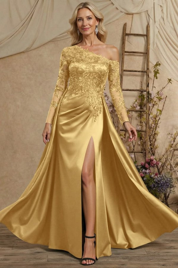 Gold Satin and Lace A Line Mother of the Bride Dress with Long Sleeves and Side Slit