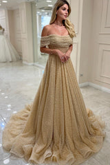 Gold Sequin A Line Wedding Dress with Off Shoulder Sleeves and Pearl Beading